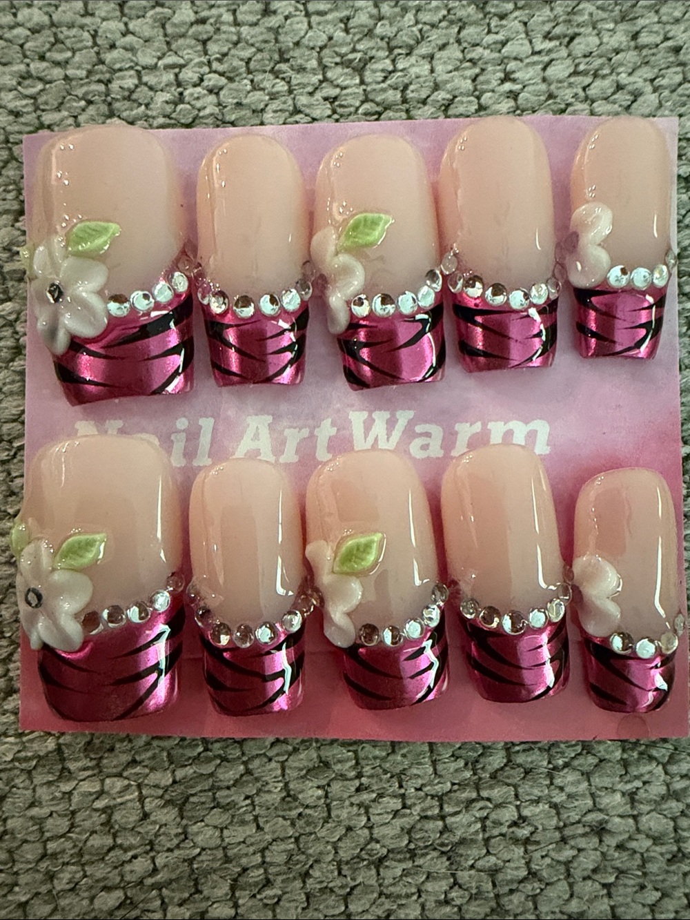 Pink Zebra Stripe Press-On Nails with 3D Flower Accents